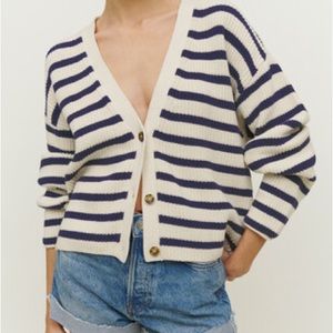 Reformation Elke Cotton Cardigan Navy Stripe